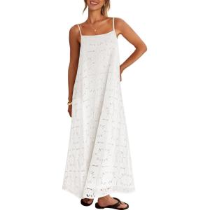 MEROKEETY Women’s Summer Spaghetti Straps Sundress 2026 Casual Sleeveless Floral Lace Eyelet Boho Beach Maxi Dress(White)