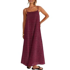 MEROKEETY Women’s Summer Spaghetti Straps Sundress 2026 Casual Sleeveless Floral Lace Eyelet Boho Beach Maxi Dress(Wine)