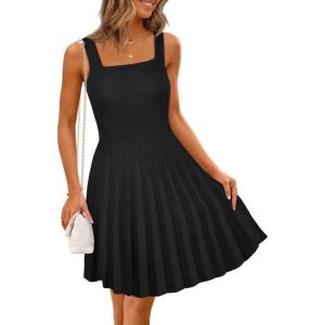 MEROKEETY Women’s Summer Strap Square Neck Mini Dress Sleeveless Pleated A Line Swing Sweater Dress(Black)