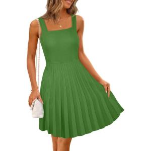 MEROKEETY Women’s Summer Strap Square Neck Mini Dress Sleeveless Pleated A Line Swing Sweater Dress(Green)