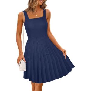 MEROKEETY Women’s Summer Strap Square Neck Mini Dress Sleeveless Pleated A Line Swing Sweater Dress(Navy)