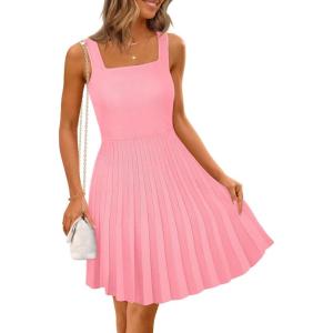 MEROKEETY Women’s Summer Strap Square Neck Mini Dress Sleeveless Pleated A Line Swing Sweater Dress(Pink)