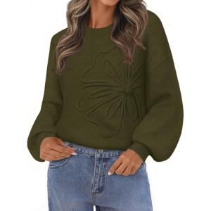 MEROKEETY Women’s Winter Floral Sweater Crew Neck Lantern Sleeve 2025 Fall Trendy Warm Chunky Oversized Pullover Tops(Armygreen)