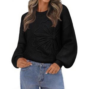 MEROKEETY Women’s Winter Floral Sweater Crew Neck Lantern Sleeve 2025 Fall Trendy Warm Chunky Oversized Pullover Tops(Black)