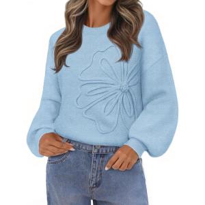 MEROKEETY Women’s Winter Floral Sweater Crew Neck Lantern Sleeve 2025 Fall Trendy Warm Chunky Oversized Pullover Tops(Blue)