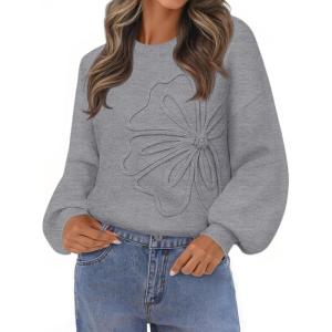 MEROKEETY Women’s Winter Floral Sweater Crew Neck Lantern Sleeve 2025 Fall Trendy Warm Chunky Oversized Pullover Tops(Grey)