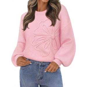 MEROKEETY Women’s Winter Floral Sweater Crew Neck Lantern Sleeve 2025 Fall Trendy Warm Chunky Oversized Pullover Tops(Pink)