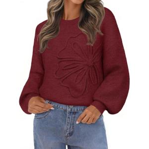 MEROKEETY Women’s Winter Floral Sweater Crew Neck Lantern Sleeve 2025 Fall Trendy Warm Chunky Oversized Pullover Tops(Wine Red)