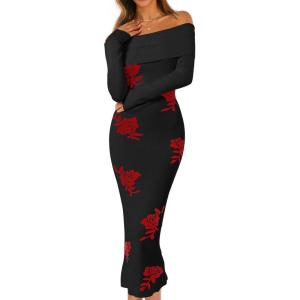 MEROKEETY Women’s Winter Off Shoulder Bodycon Sweater Dress 2026 Spring Formal Long Sleeve Elegant Club Party Midi Dresses(Blackrose)