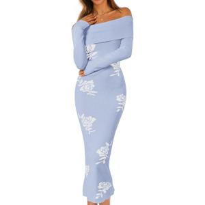 MEROKEETY Women’s Winter Off Shoulder Bodycon Sweater Dress 2026 Spring Formal Long Sleeve Elegant Club Party Midi Dresses(Bluewhite)