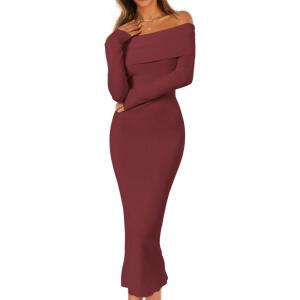 MEROKEETY Women’s Winter Off Shoulder Bodycon Sweater Dress 2026 Spring Formal Long Sleeve Elegant Club Party Midi Dresses(Burgundy)