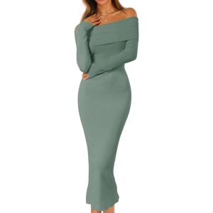 MEROKEETY Women’s Winter Off Shoulder Bodycon Sweater Dress 2026 Spring Formal Long Sleeve Elegant Club Party Midi Dresses(Dustygreen)