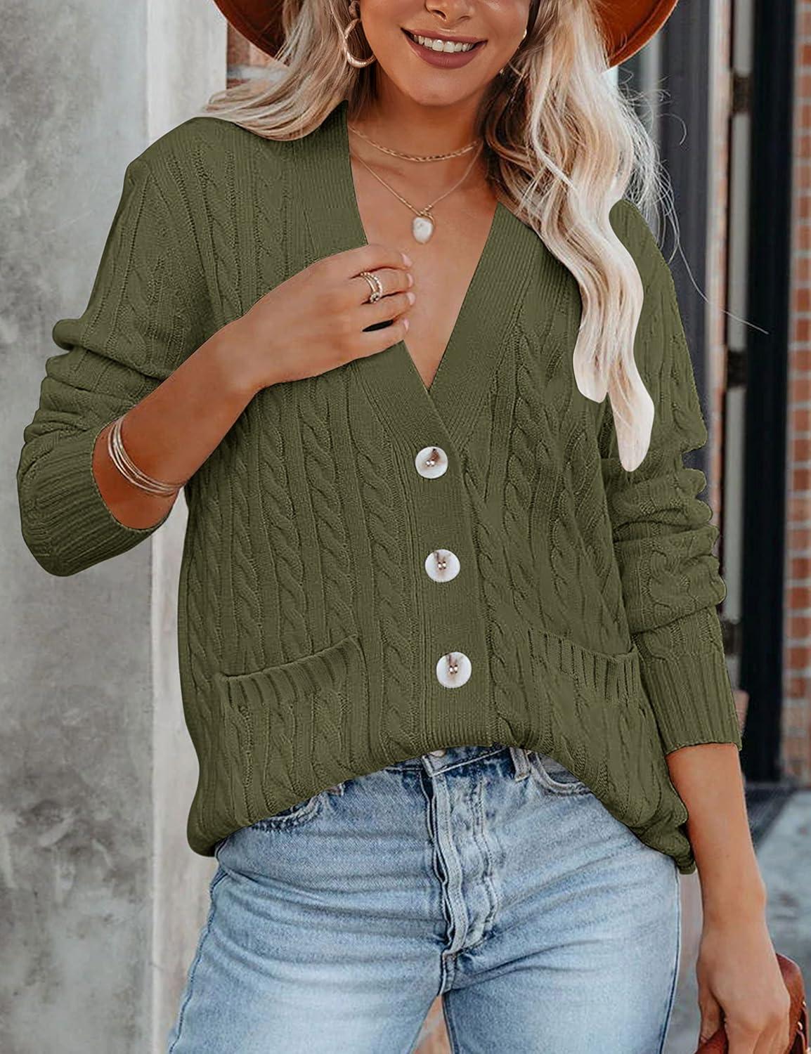 imageMEROKEETY Cardigan Sweater for Women 2026 Fall Winter Spring Cable Knit Button Up Open Front Long Sleeve CoatArmy Green