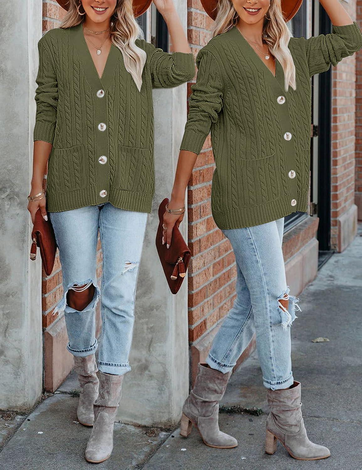 imageMEROKEETY Cardigan Sweater for Women 2026 Fall Winter Spring Cable Knit Button Up Open Front Long Sleeve CoatArmy Green