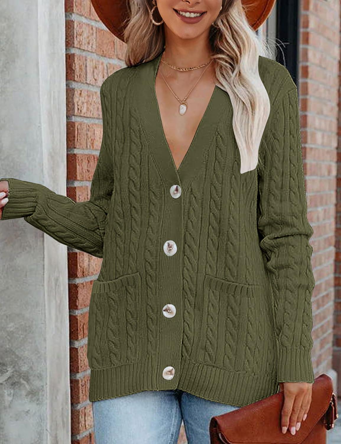 imageMEROKEETY Cardigan Sweater for Women 2026 Fall Winter Spring Cable Knit Button Up Open Front Long Sleeve CoatArmy Green