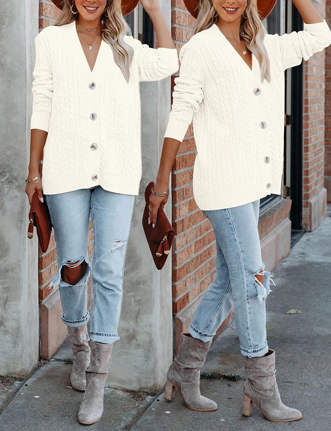 imageMEROKEETY Cardigan Sweater for Women 2026 Fall Winter Spring Cable Knit Button Up Open Front Long Sleeve CoatBeige