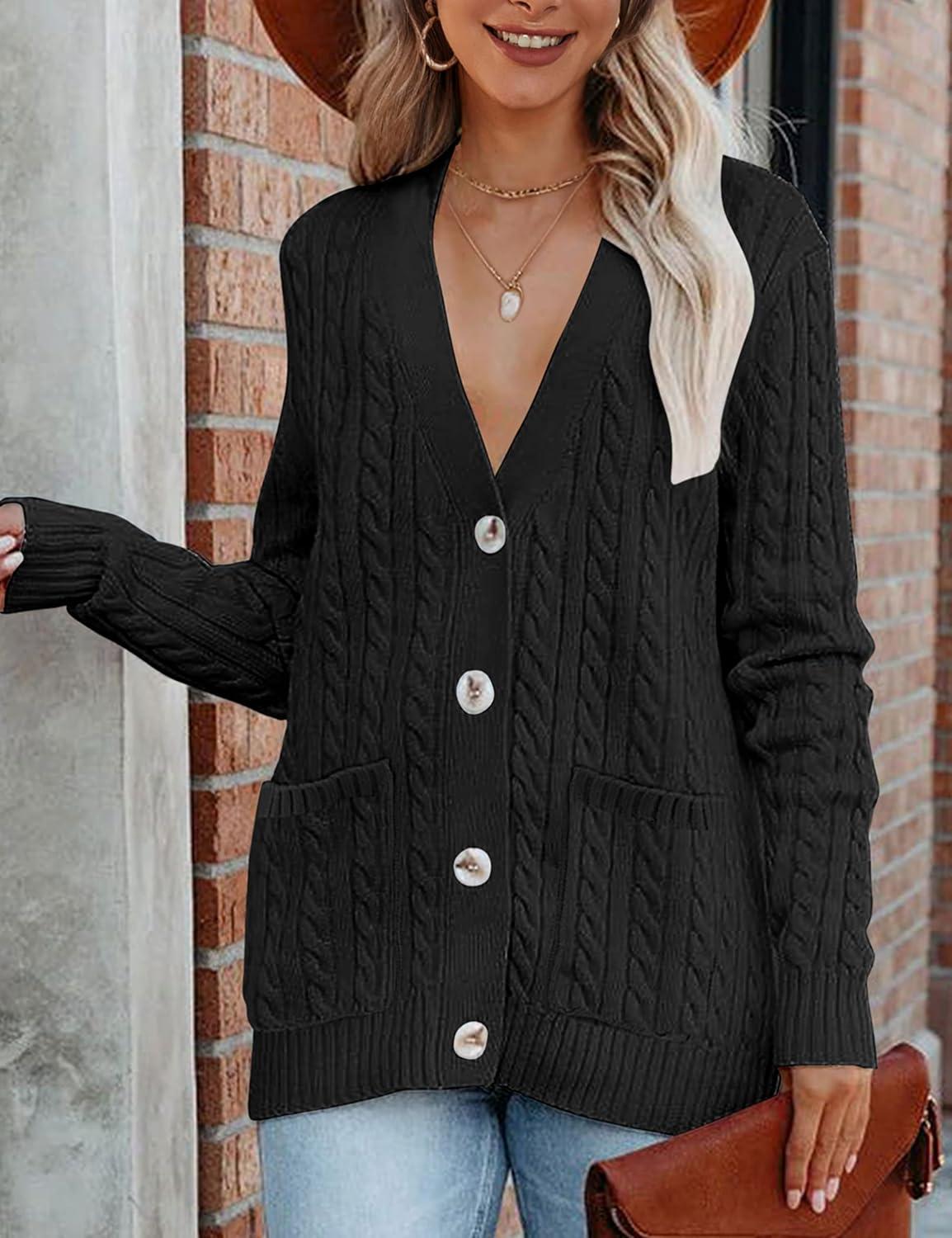 imageMEROKEETY Cardigan Sweater for Women 2026 Fall Winter Spring Cable Knit Button Up Open Front Long Sleeve CoatBlack