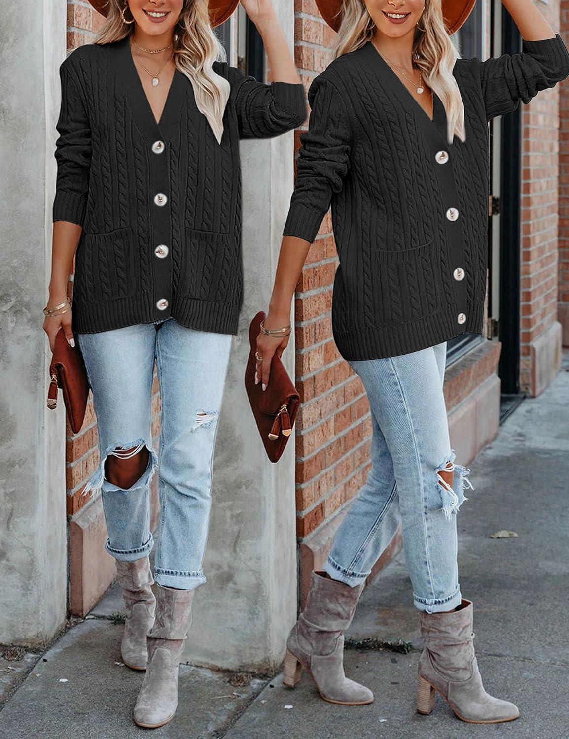 imageMEROKEETY Cardigan Sweater for Women 2026 Fall Winter Spring Cable Knit Button Up Open Front Long Sleeve CoatBlack
