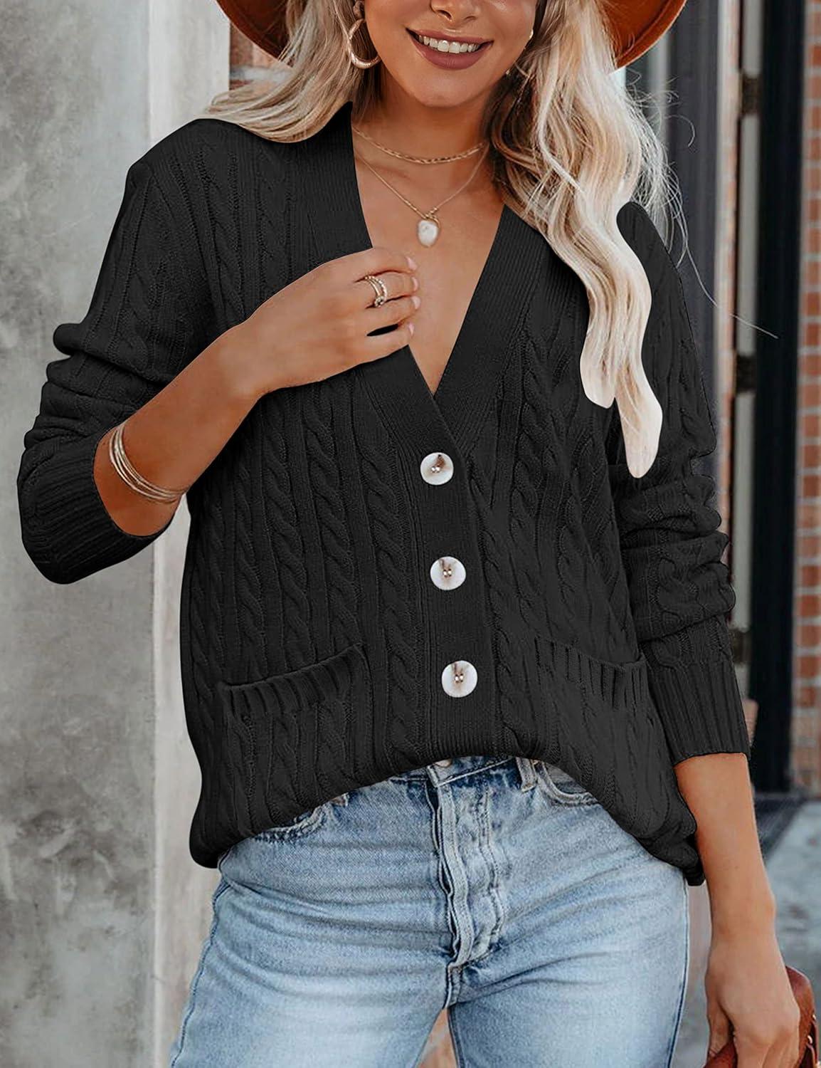 imageMEROKEETY Cardigan Sweater for Women 2026 Fall Winter Spring Cable Knit Button Up Open Front Long Sleeve CoatBlack