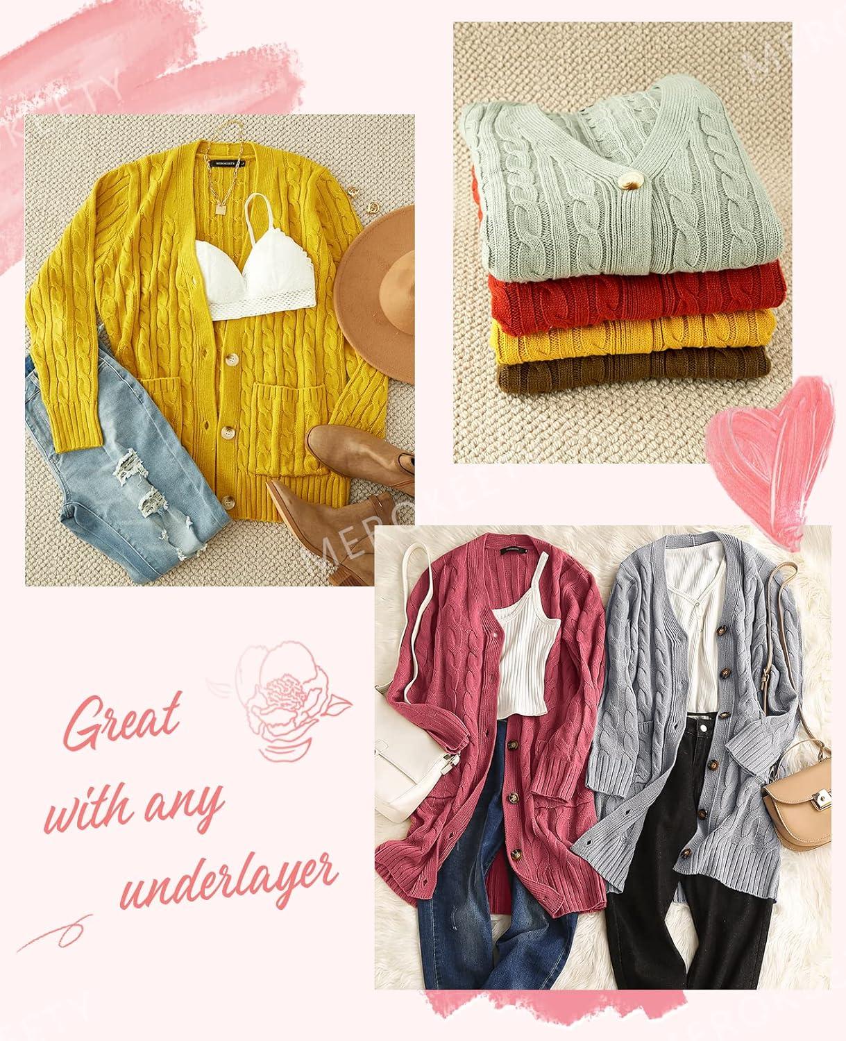 imageMEROKEETY Cardigan Sweater for Women 2026 Fall Winter Spring Cable Knit Button Up Open Front Long Sleeve CoatCoffee