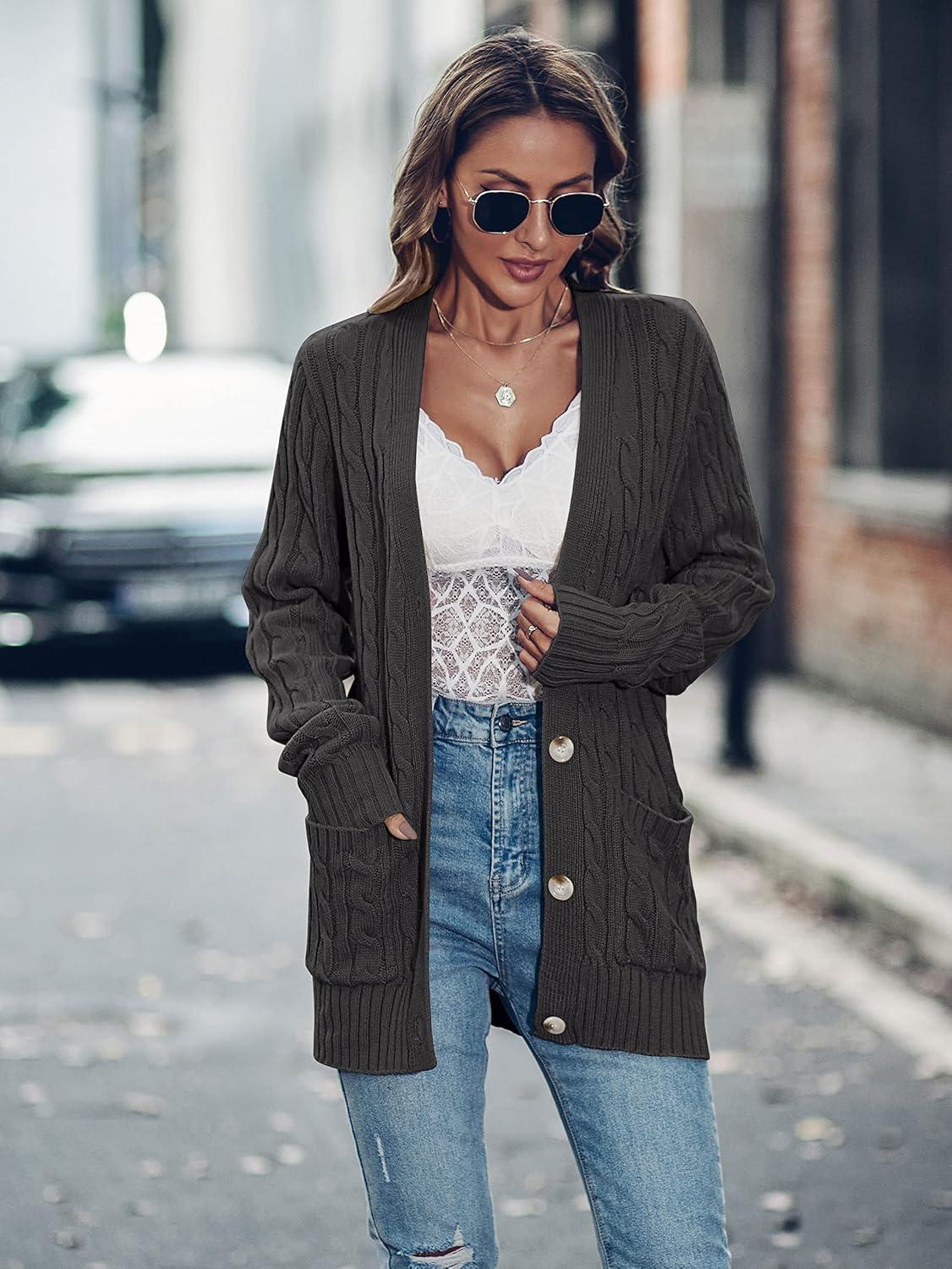 imageMEROKEETY Cardigan Sweater for Women 2026 Fall Winter Spring Cable Knit Button Up Open Front Long Sleeve CoatDark Grey
