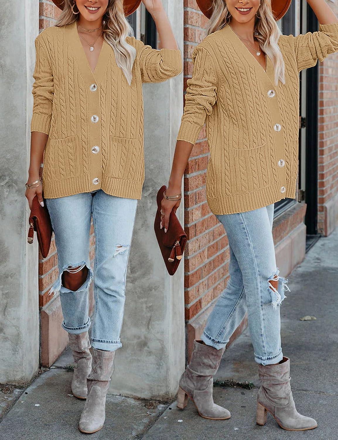 imageMEROKEETY Cardigan Sweater for Women 2026 Fall Winter Spring Cable Knit Button Up Open Front Long Sleeve CoatKhaki