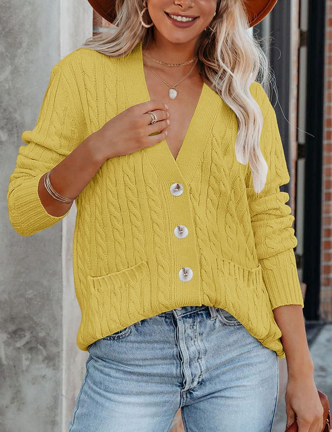 imageMEROKEETY Cardigan Sweater for Women 2026 Fall Winter Spring Cable Knit Button Up Open Front Long Sleeve CoatMustard