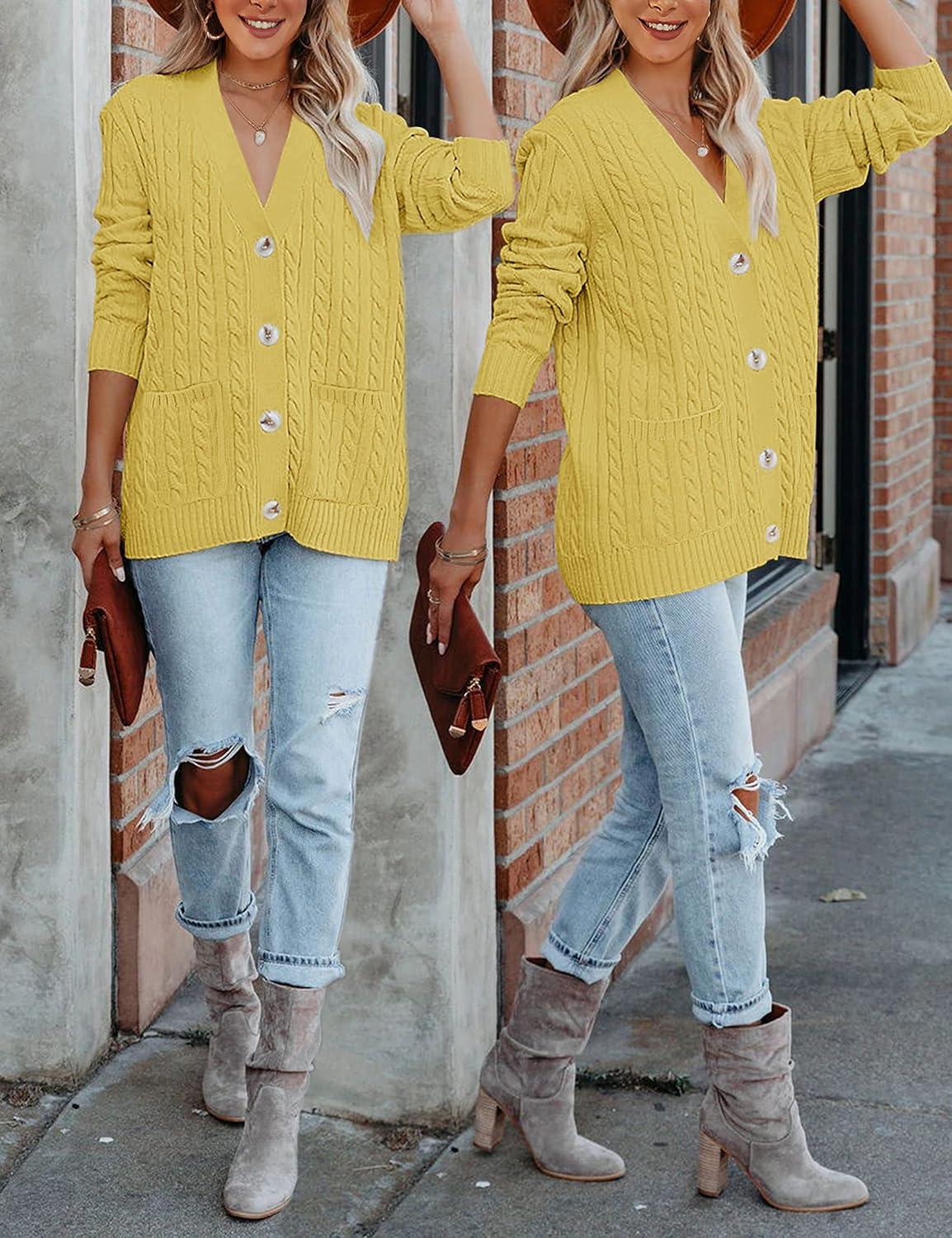 imageMEROKEETY Cardigan Sweater for Women 2026 Fall Winter Spring Cable Knit Button Up Open Front Long Sleeve CoatMustard