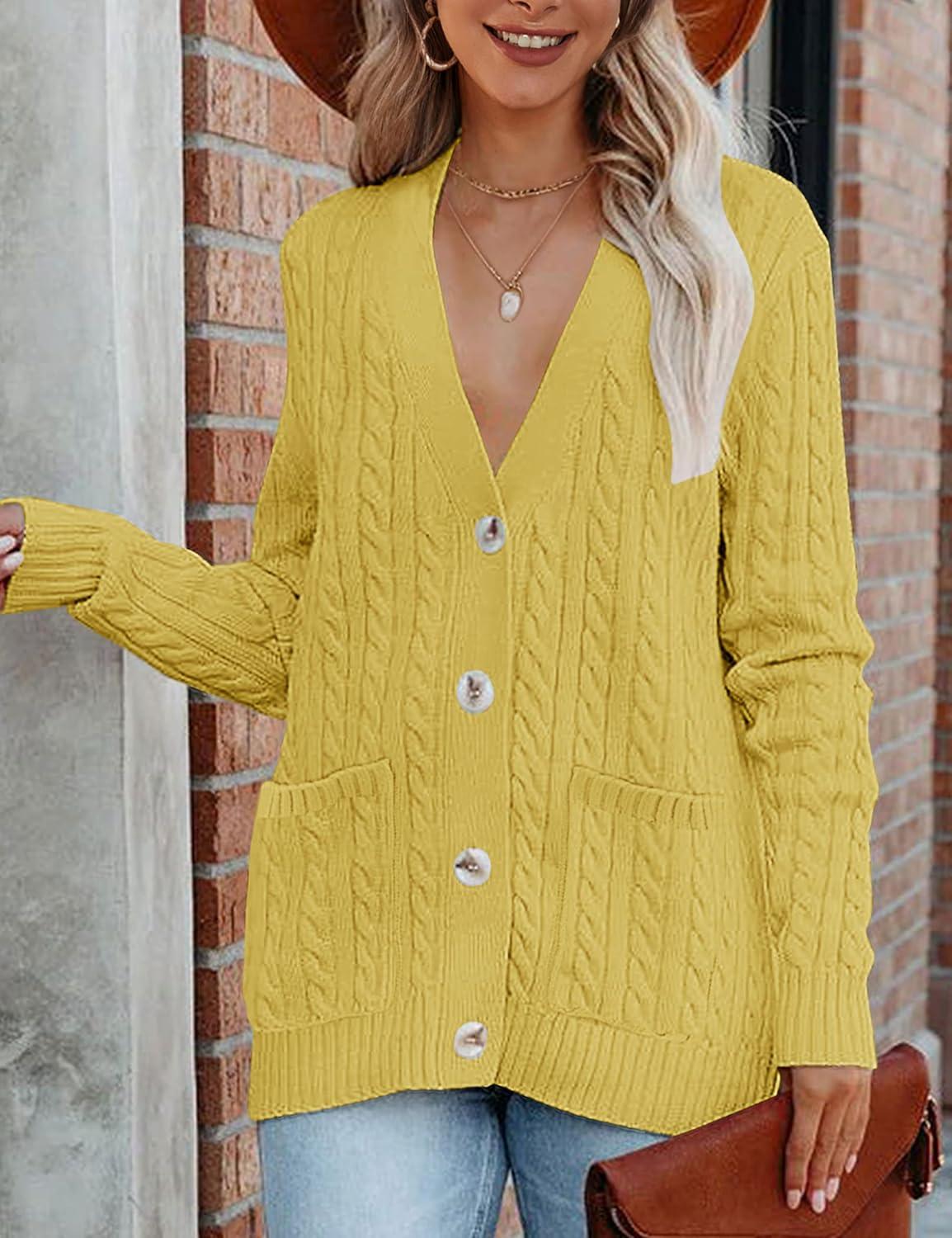 imageMEROKEETY Cardigan Sweater for Women 2026 Fall Winter Spring Cable Knit Button Up Open Front Long Sleeve CoatMustard