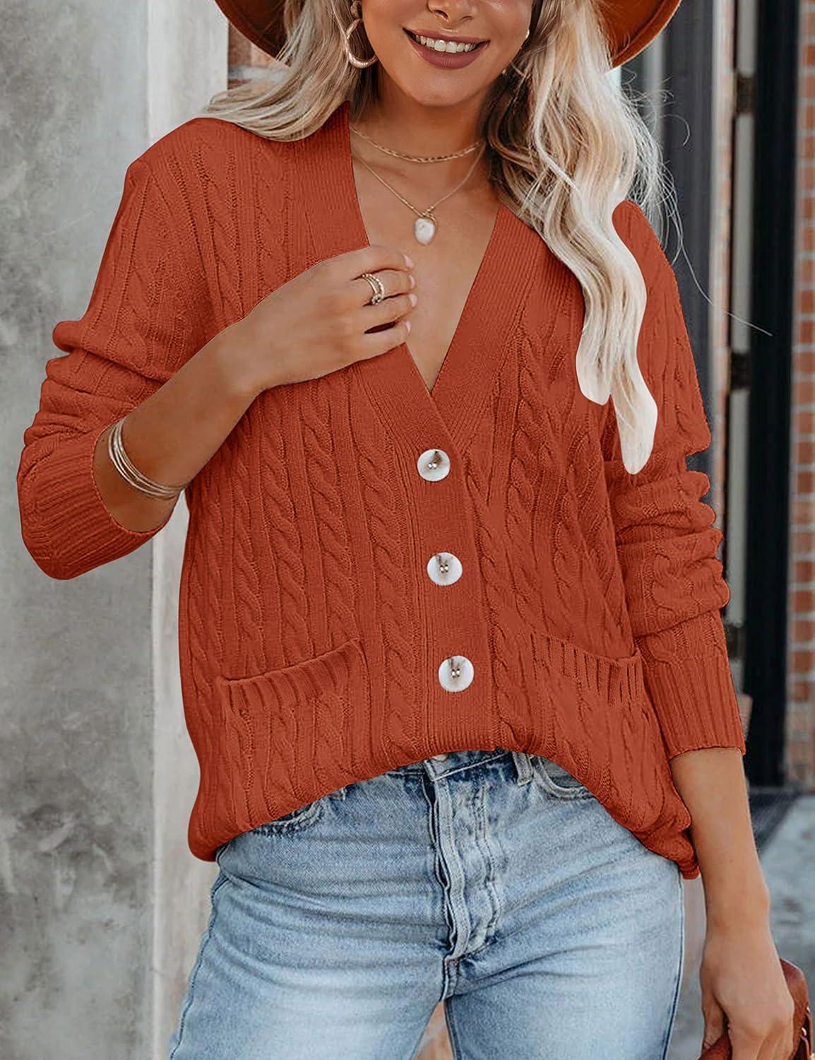 imageMEROKEETY Cardigan Sweater for Women 2026 Fall Winter Spring Cable Knit Button Up Open Front Long Sleeve CoatRust