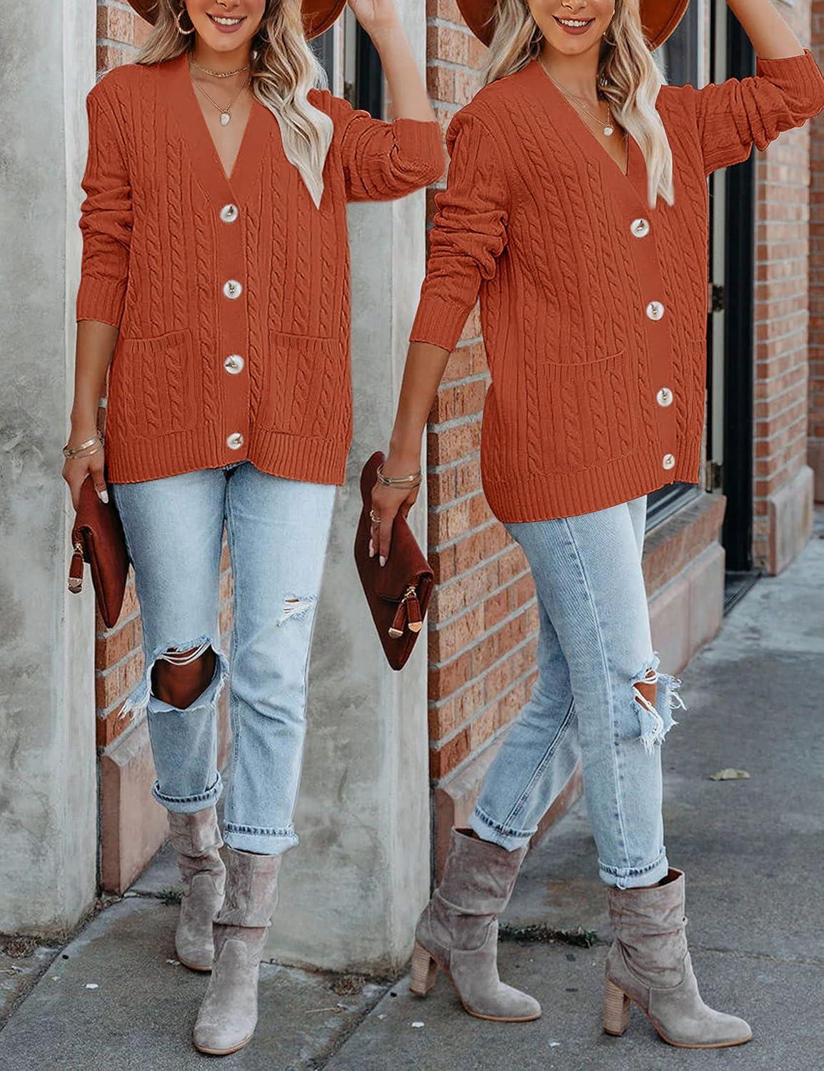 imageMEROKEETY Cardigan Sweater for Women 2026 Fall Winter Spring Cable Knit Button Up Open Front Long Sleeve CoatRust