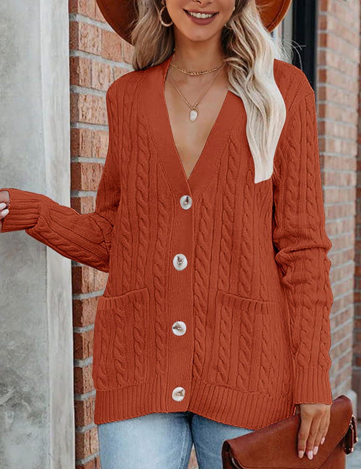 imageMEROKEETY Cardigan Sweater for Women 2026 Fall Winter Spring Cable Knit Button Up Open Front Long Sleeve CoatRust