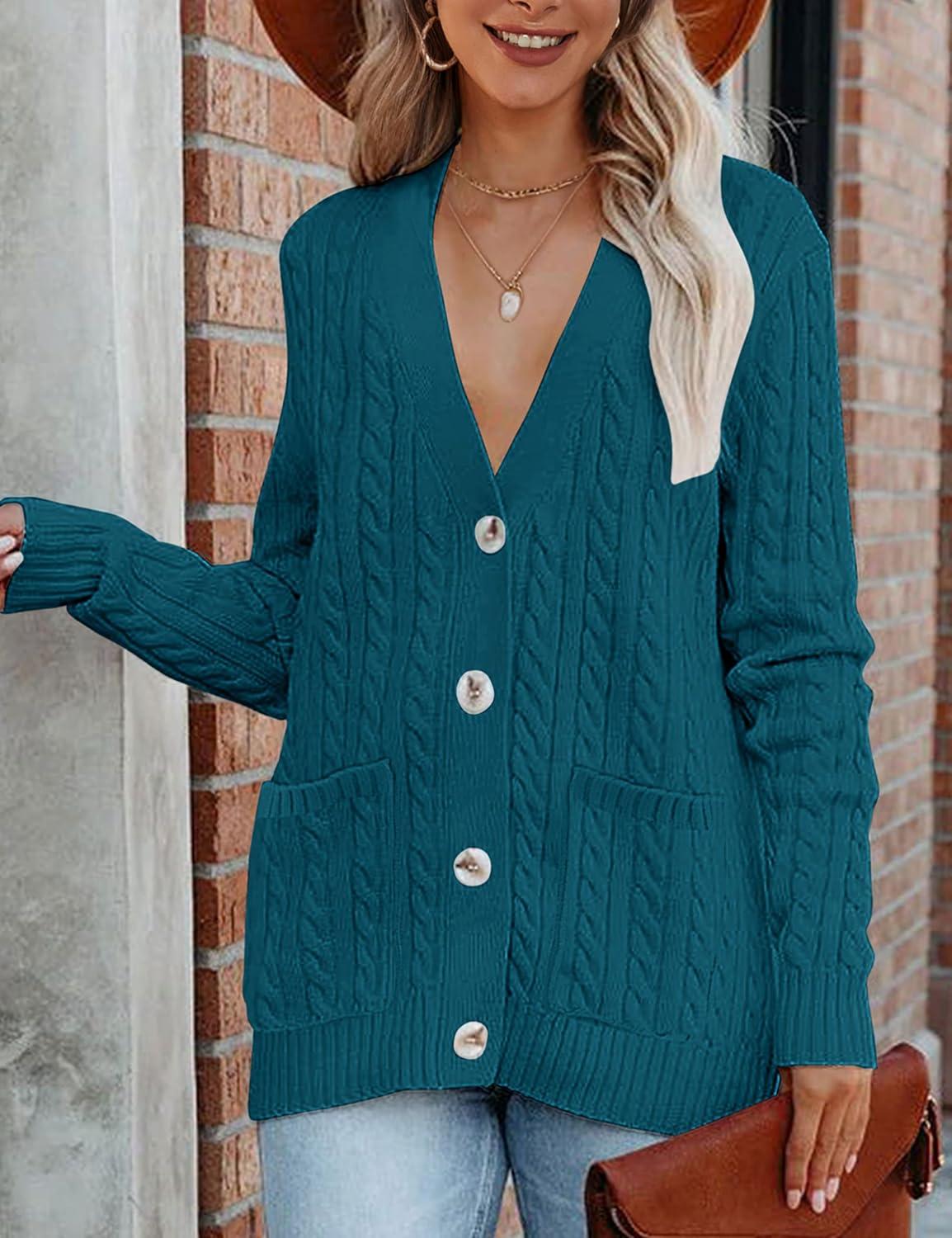 imageMEROKEETY Cardigan Sweater for Women 2026 Fall Winter Spring Cable Knit Button Up Open Front Long Sleeve CoatTeal