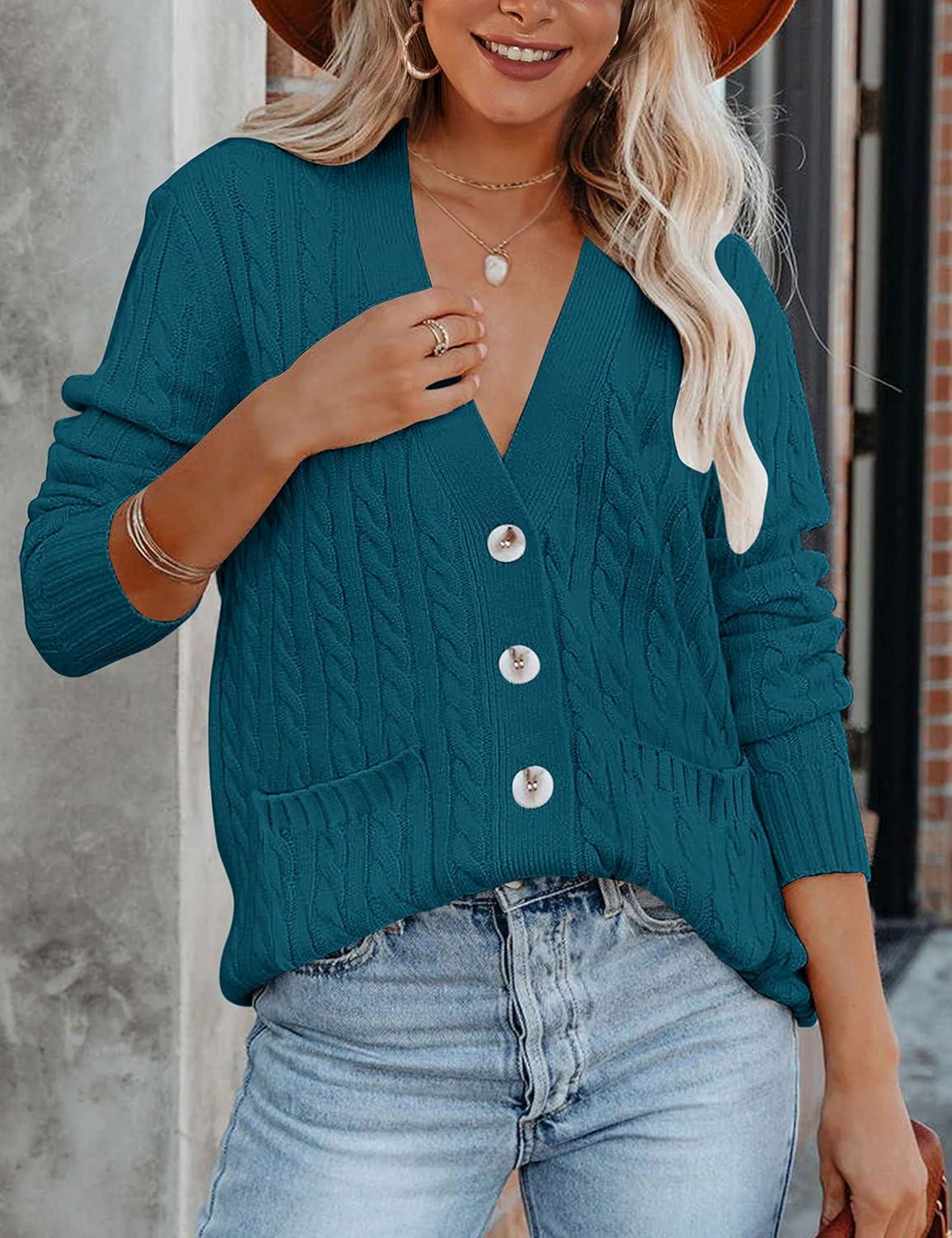 imageMEROKEETY Cardigan Sweater for Women 2026 Fall Winter Spring Cable Knit Button Up Open Front Long Sleeve CoatTeal