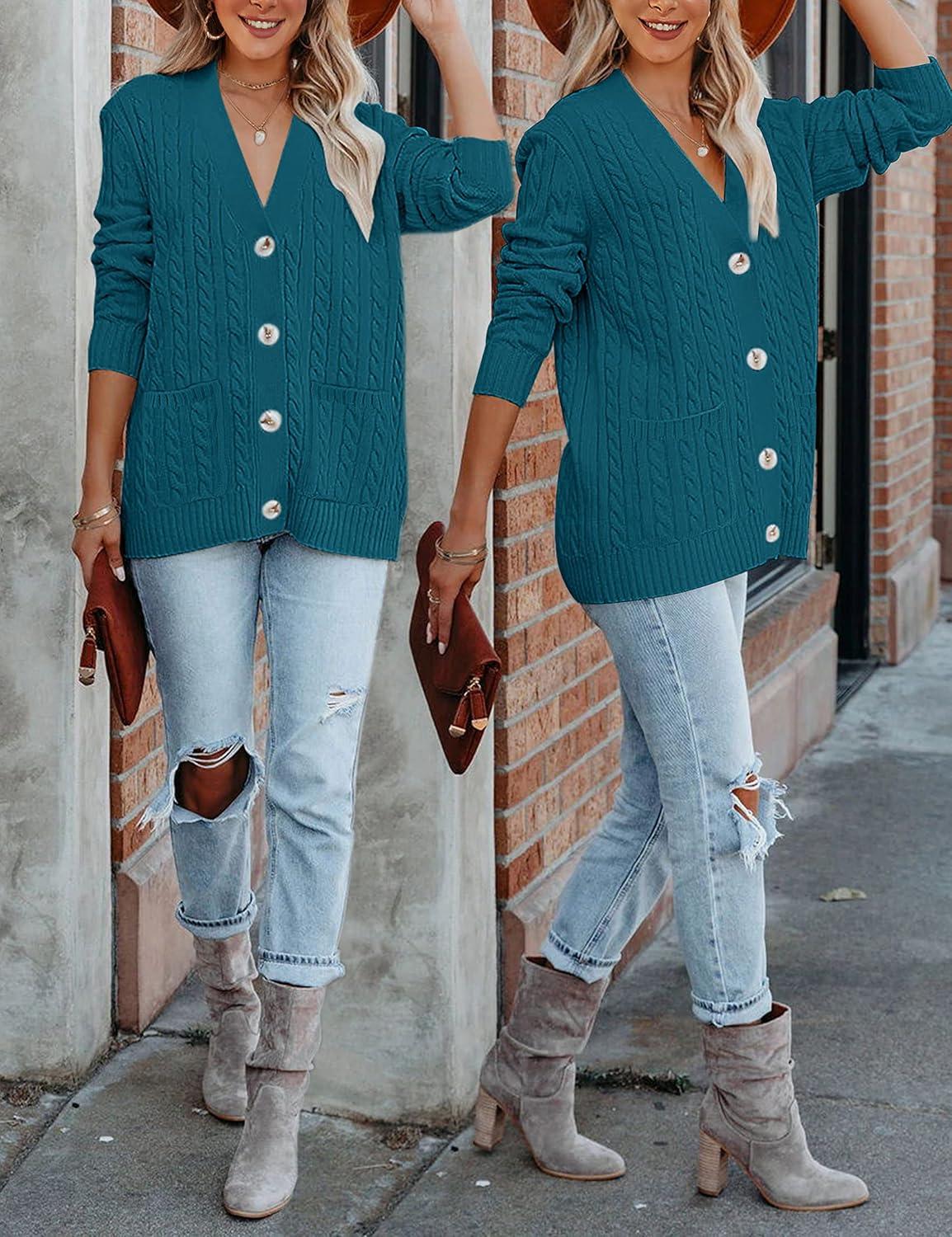imageMEROKEETY Cardigan Sweater for Women 2026 Fall Winter Spring Cable Knit Button Up Open Front Long Sleeve CoatTeal