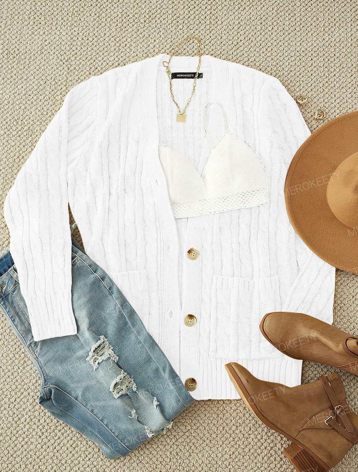 imageMEROKEETY Cardigan Sweater for Women 2026 Fall Winter Spring Cable Knit Button Up Open Front Long Sleeve CoatWhite