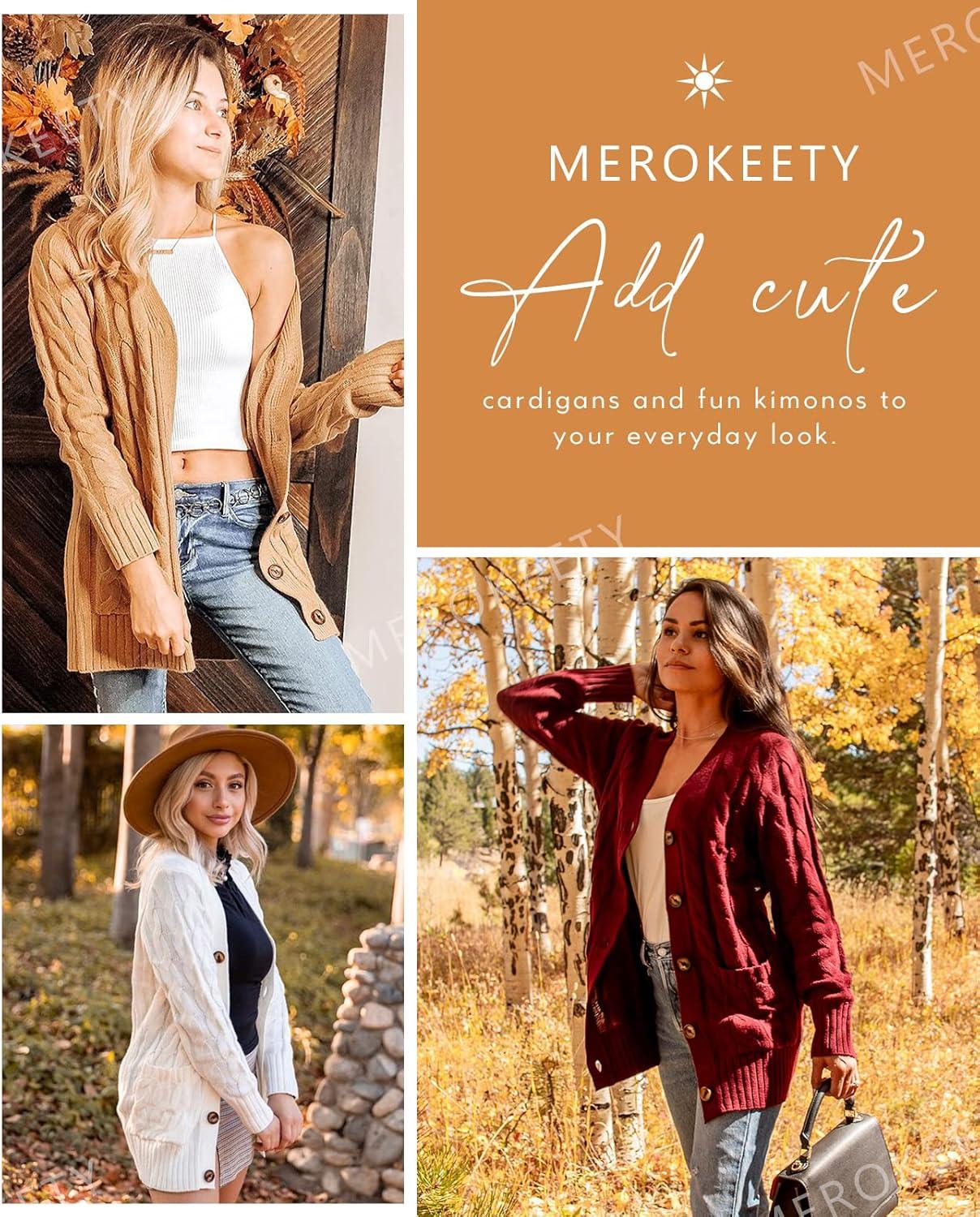 imageMEROKEETY Cardigan Sweater for Women 2026 Fall Winter Spring Cable Knit Button Up Open Front Long Sleeve CoatWine