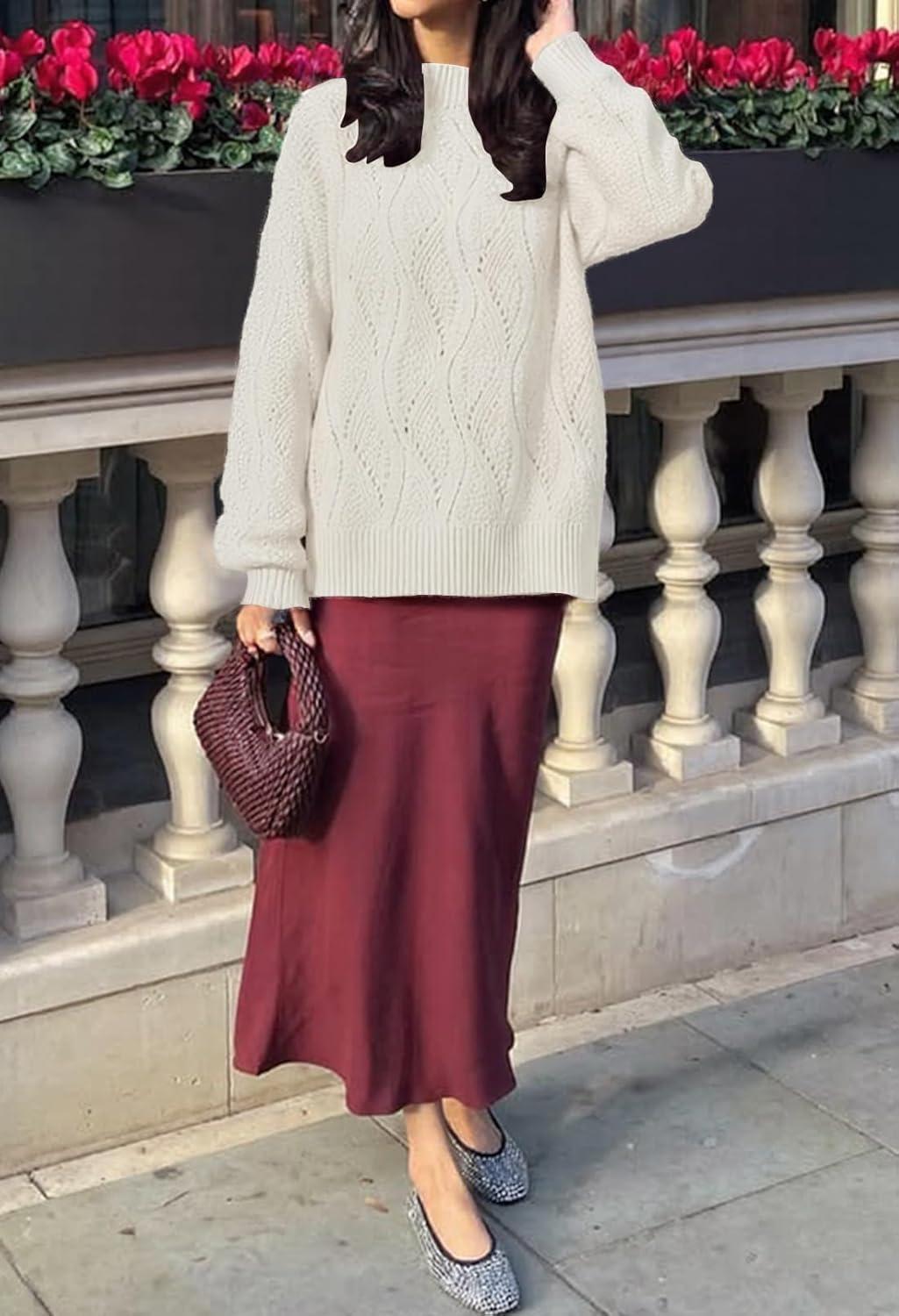 imageMEROKEETY Fall Sweaters for Women 2025 Oversized Pullover Crochet Lantern Long Sleeve Mock Neck Casual Loose TopsBeige