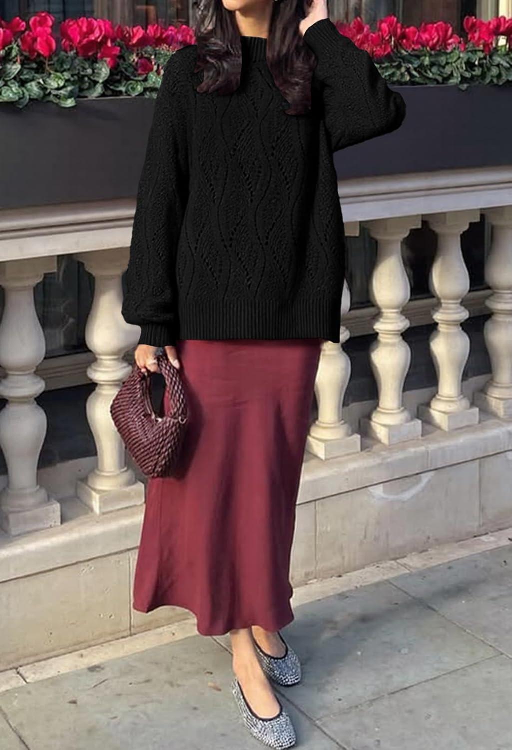 imageMEROKEETY Fall Sweaters for Women 2025 Oversized Pullover Crochet Lantern Long Sleeve Mock Neck Casual Loose TopsBlack