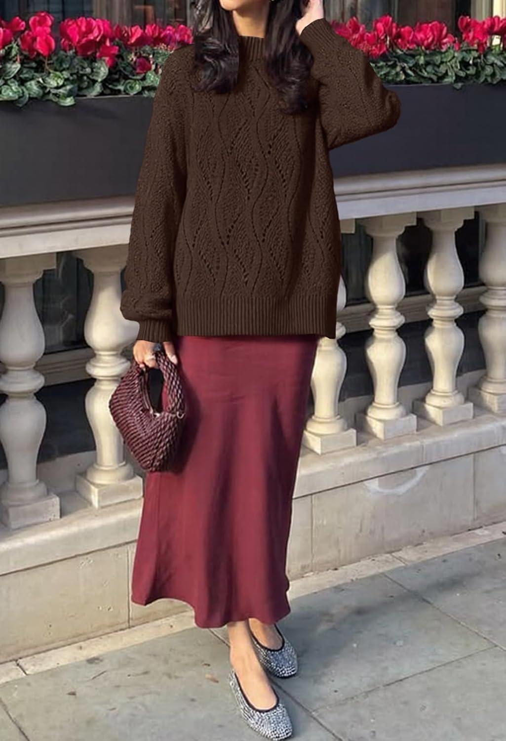 imageMEROKEETY Fall Sweaters for Women 2025 Oversized Pullover Crochet Lantern Long Sleeve Mock Neck Casual Loose TopsCoffee