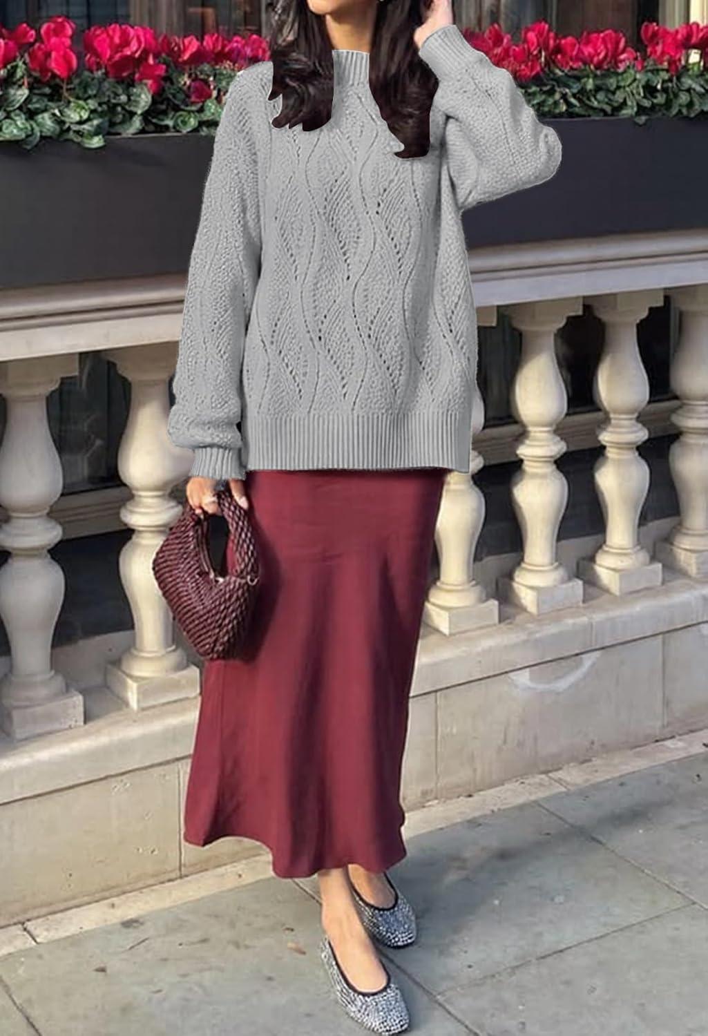 imageMEROKEETY Fall Sweaters for Women 2025 Oversized Pullover Crochet Lantern Long Sleeve Mock Neck Casual Loose TopsLight Grey