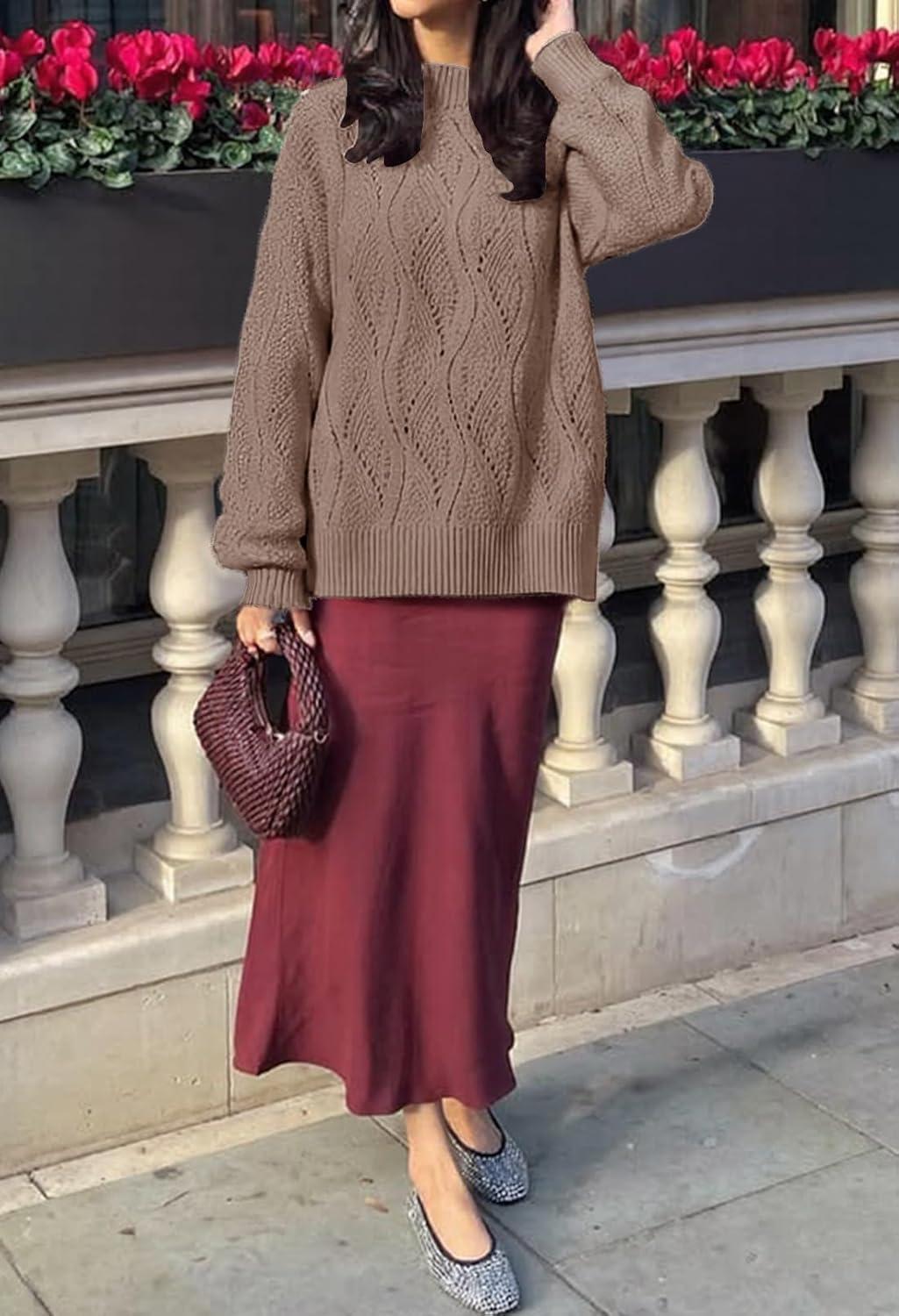 imageMEROKEETY Fall Sweaters for Women 2025 Oversized Pullover Crochet Lantern Long Sleeve Mock Neck Casual Loose TopsMocha