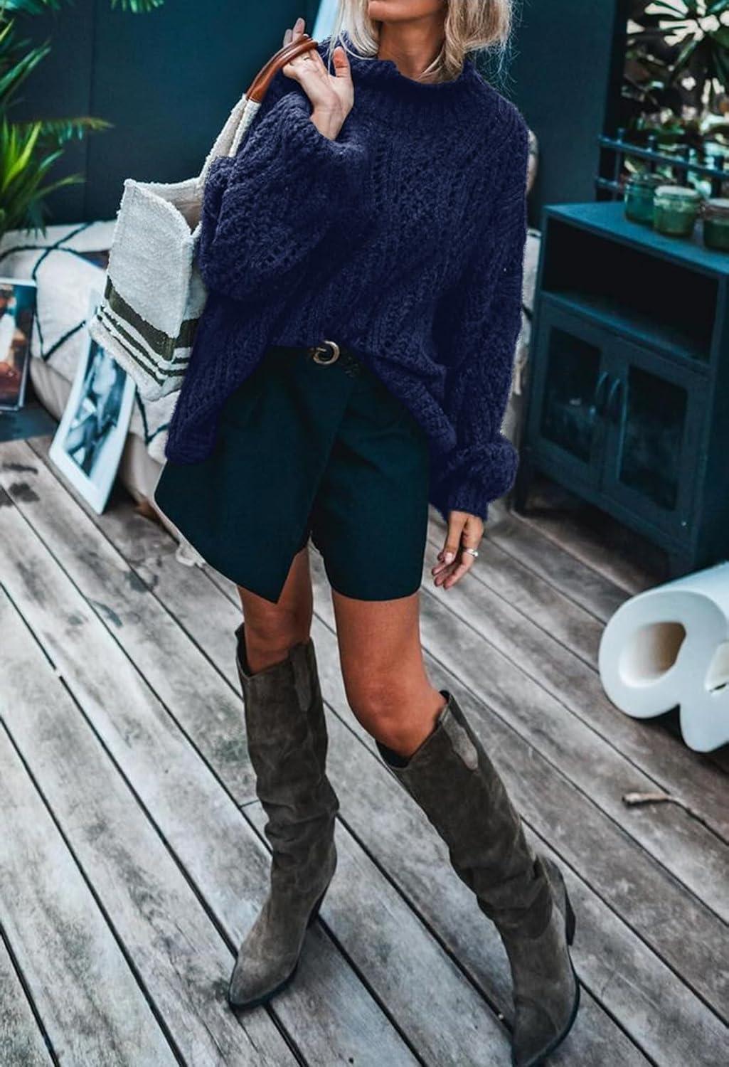 imageMEROKEETY Fall Sweaters for Women 2025 Oversized Pullover Crochet Lantern Long Sleeve Mock Neck Casual Loose TopsNavy