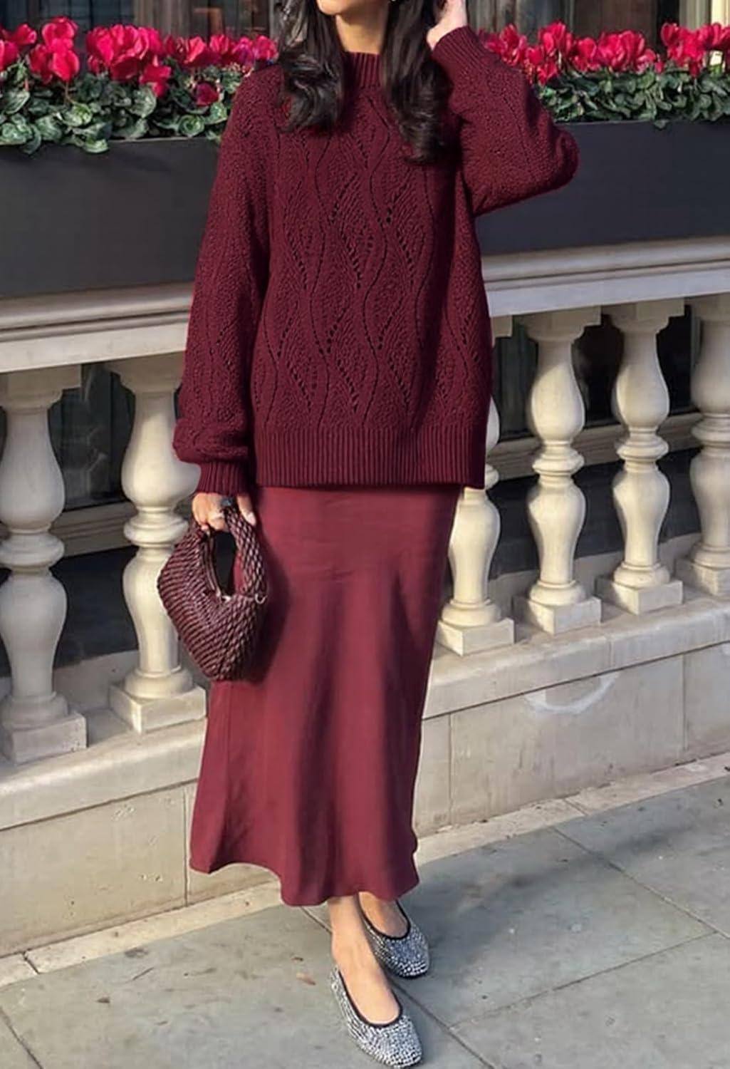 imageMEROKEETY Fall Sweaters for Women 2025 Oversized Pullover Crochet Lantern Long Sleeve Mock Neck Casual Loose TopsWine Red