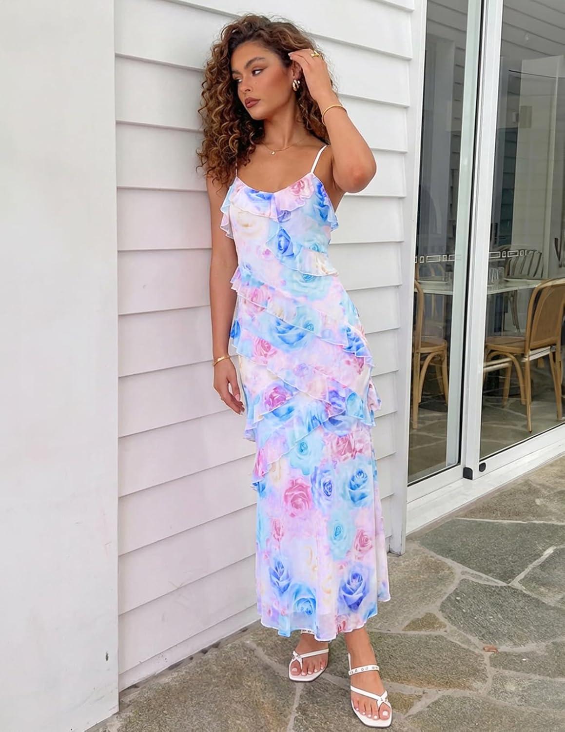 imageMEROKEETY Spring Wedding Guest Dress for Women 2026 Summer Floral Cocktail Party Beach Vacation Ruffle Bodycon Maxi DressesPurple