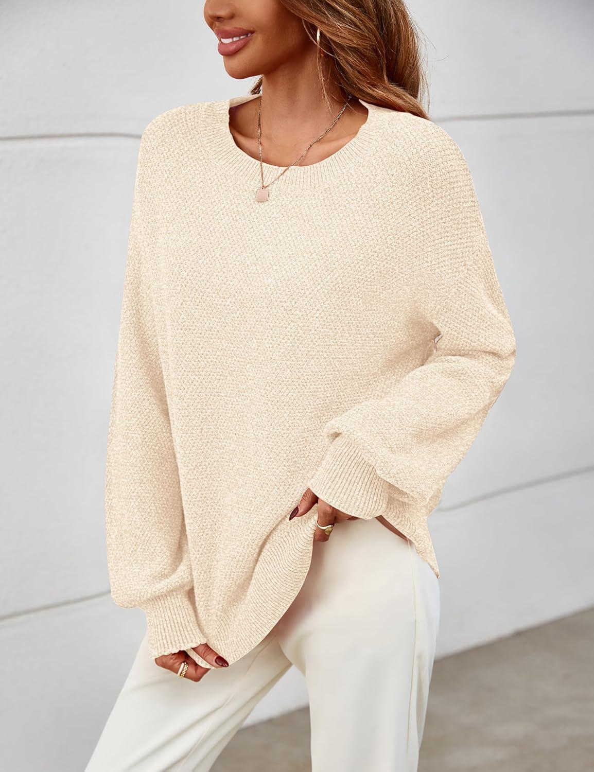 imageMEROKEETY Sweaters for Women Fall Winter 2026 Oversized Pullover Spring Crew Neck Long Sleeve Heathered Knit TopsApricot