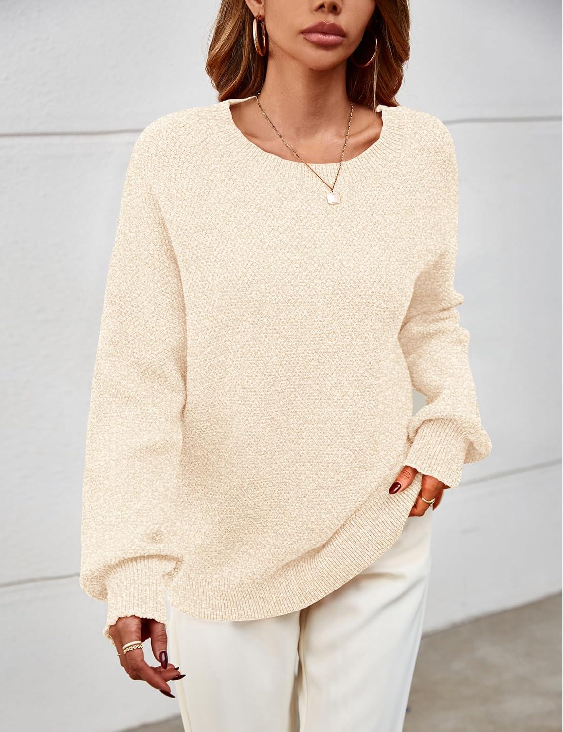 imageMEROKEETY Sweaters for Women Fall Winter 2026 Oversized Pullover Spring Crew Neck Long Sleeve Heathered Knit TopsApricot