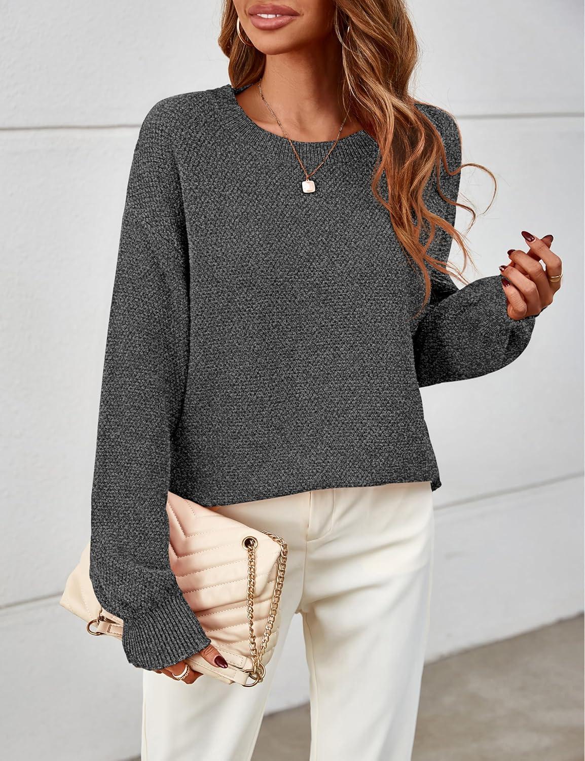 imageMEROKEETY Sweaters for Women Fall Winter 2026 Oversized Pullover Spring Crew Neck Long Sleeve Heathered Knit TopsBlack