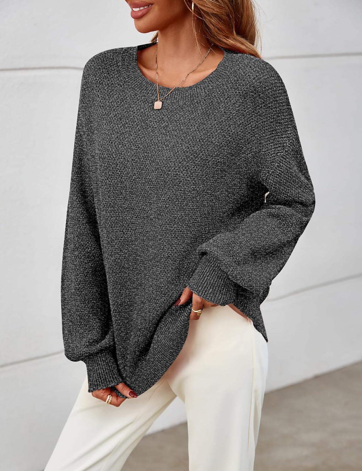 imageMEROKEETY Sweaters for Women Fall Winter 2026 Oversized Pullover Spring Crew Neck Long Sleeve Heathered Knit TopsBlack