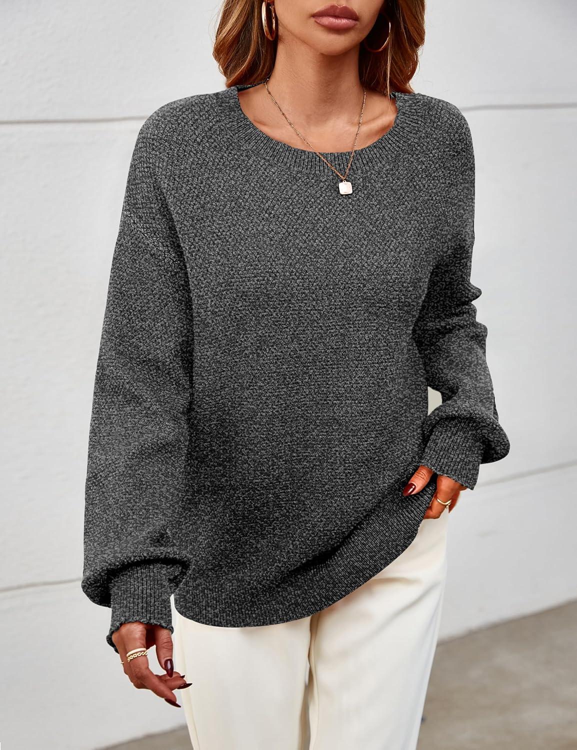 imageMEROKEETY Sweaters for Women Fall Winter 2026 Oversized Pullover Spring Crew Neck Long Sleeve Heathered Knit TopsBlack